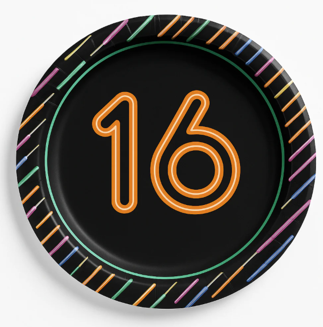 Neon Light 16th Birthday Paper Plates
