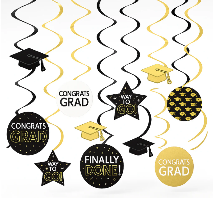 Grad Party Swirl Black and Gold Decorations