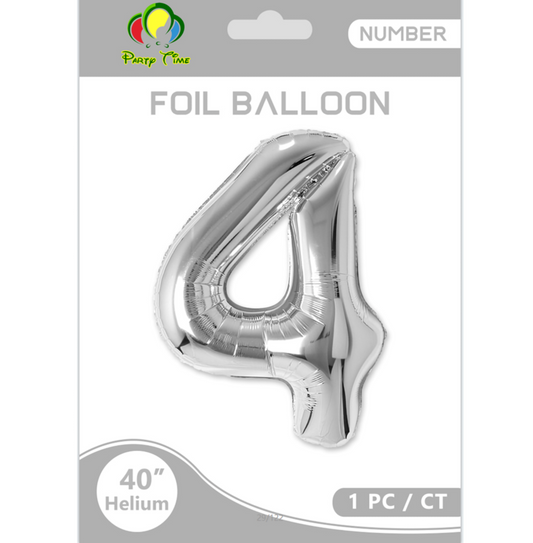 40″ Number 4 Foil Balloon, Silver