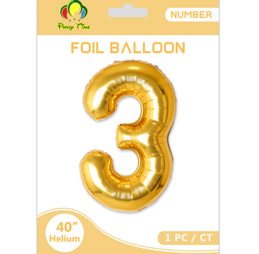 40" Number 3 Foil Balloon Gold