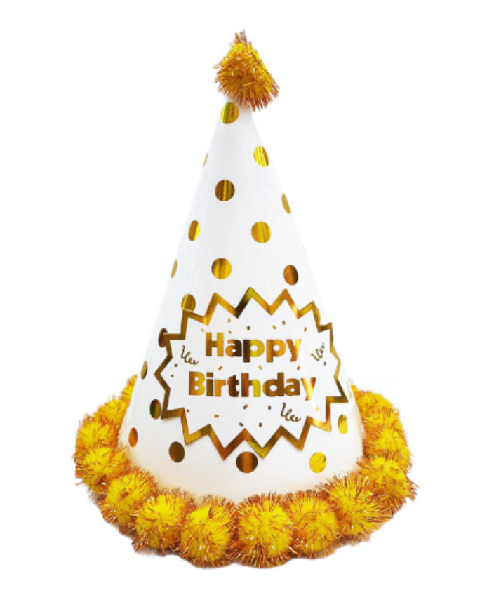 1pc 24cm Happy Birthday Party Hats and Party Favors White & Gold