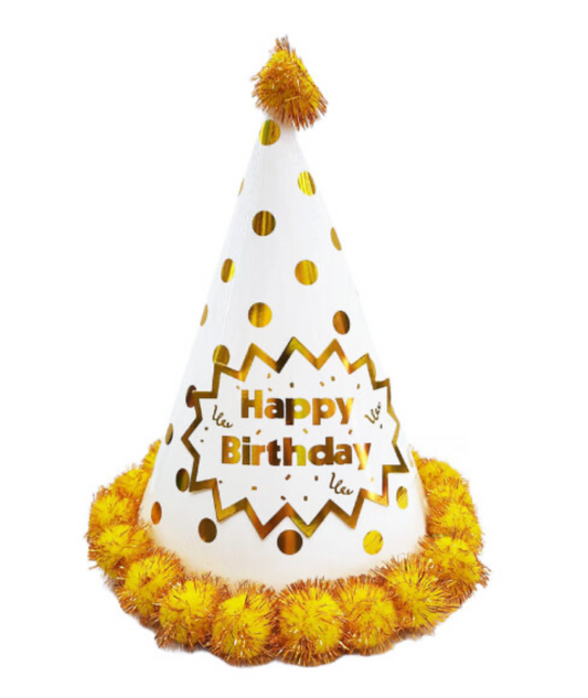 1pc 24cm Happy Birthday Party Hats and Party Favors White & Gold