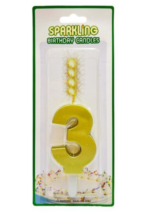 Number 3 Sparkling Candles Gold