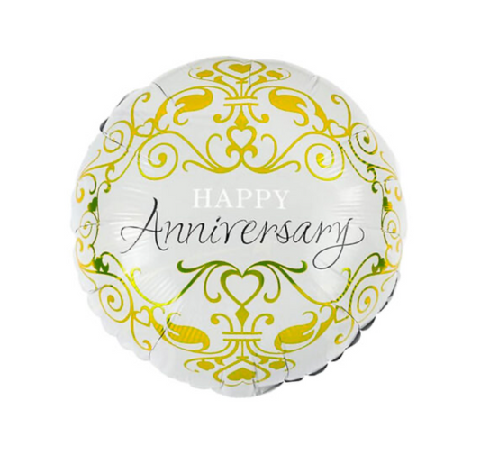 1pc 18″ Round Happy Anniversary Foil Balloon, White & Gold