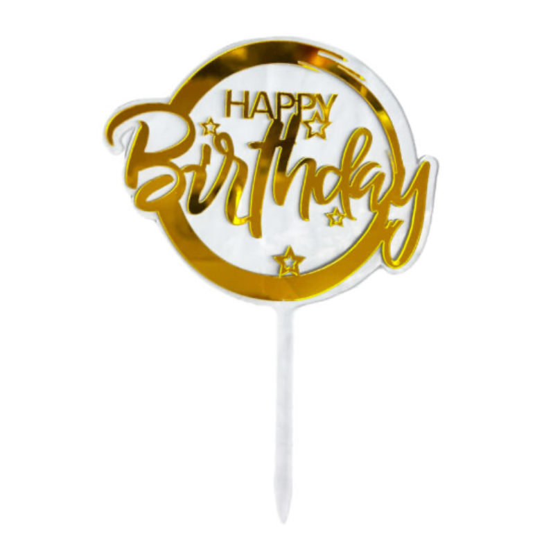1pc Round Happy Birthday Cake Topper, Gold