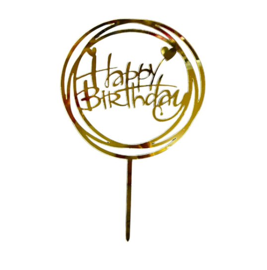 1pc Round Shape Happy Birthday Cake Topper with Hearts, Gold