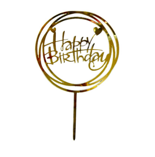 1pc Round Shape Happy Birthday Cake Topper with Hearts, Gold