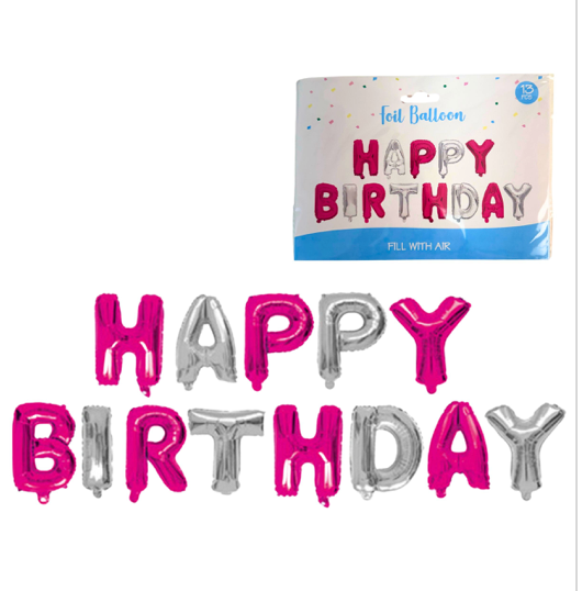 Pink and Sliver Foil Balloon Happy Birthday Banner