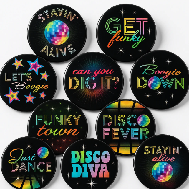 70'S Disco Party Buttons - Neon Phrases, 10-Pack