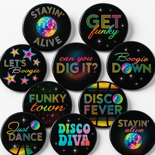 70'S Disco Party Buttons - Neon Phrases, 10-Pack