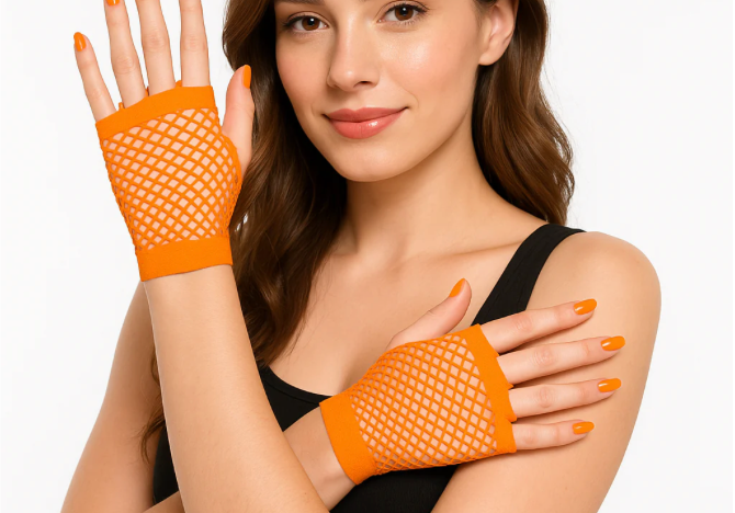 Orange Fishnet Fingerless Gloves