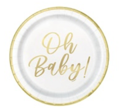 8Ct Gold and White Oh Baby Paper Plate
